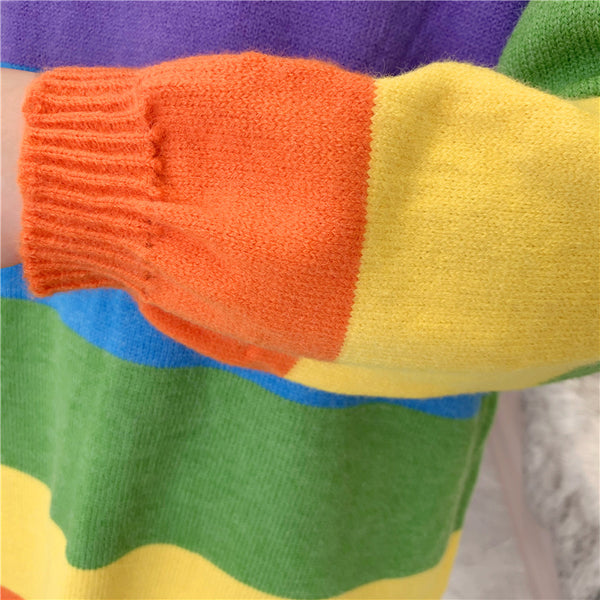 Trendy Rainbow Striped Loose Oversized Large Outerwear knitted Long Sleeved Round Neck Top Sweater