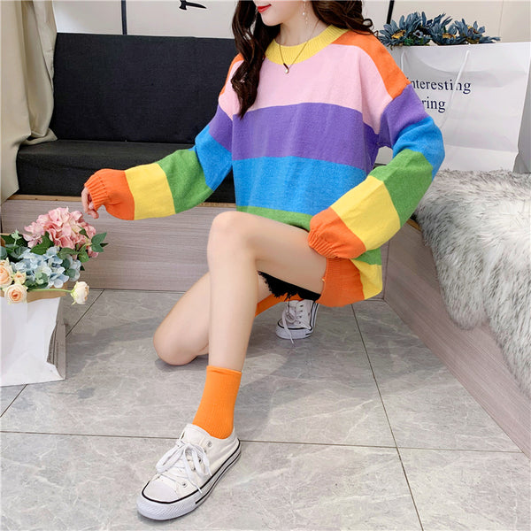Trendy Rainbow Striped Loose Oversized Large Outerwear knitted Long Sleeved Round Neck Top Sweater
