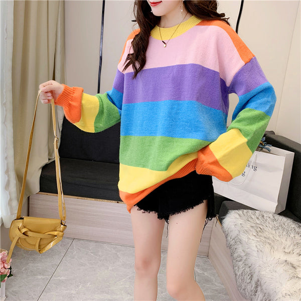 Trendy Rainbow Striped Loose Oversized Large Outerwear knitted Long Sleeved Round Neck Top Sweater