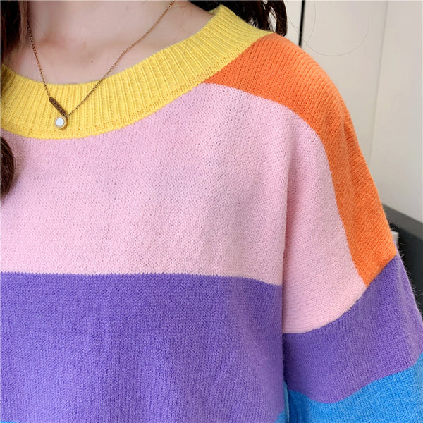 Trendy Rainbow Striped Loose Oversized Large Outerwear knitted Long Sleeved Round Neck Top Sweater