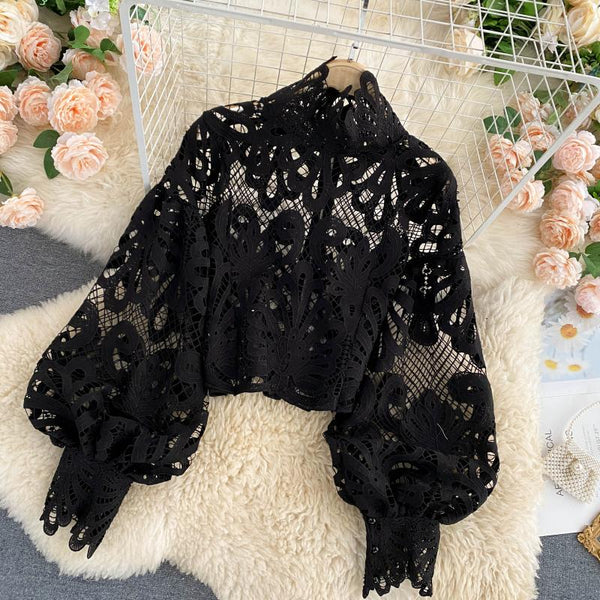 Sexy Women Lace Hollow Stand Collar Long Puff Sleeved Cropped Top Shirt