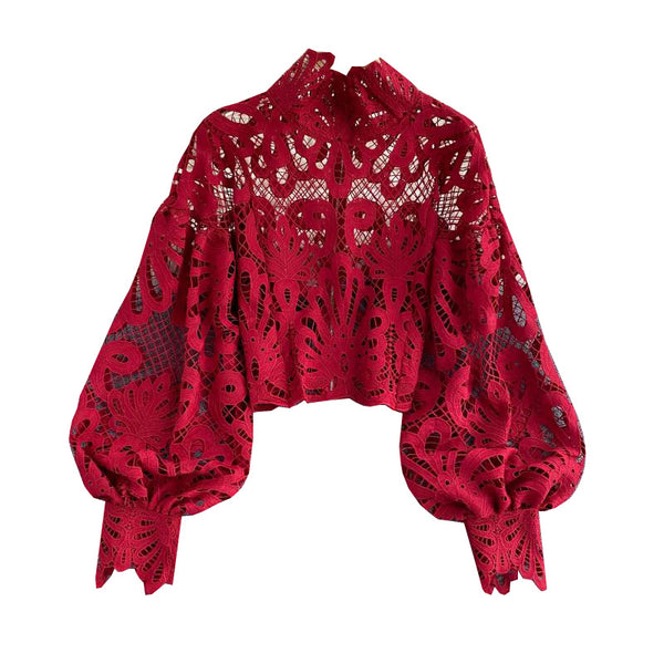 Sexy Women Lace Hollow Stand Collar Long Puff Sleeved Cropped Top Shirt