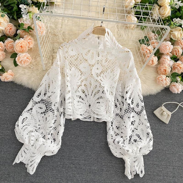 Sexy Women Lace Hollow Stand Collar Long Puff Sleeved Cropped Top Shirt