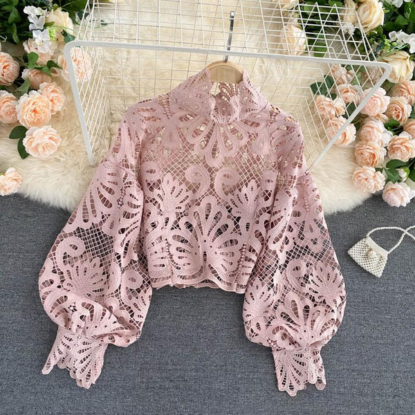 Sexy Women Lace Hollow Stand Collar Long Puff Sleeved Cropped Top Shirt