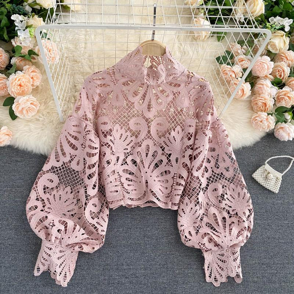 Sexy Women Lace Hollow Stand Collar Long Puff Sleeved Cropped Top Shirt