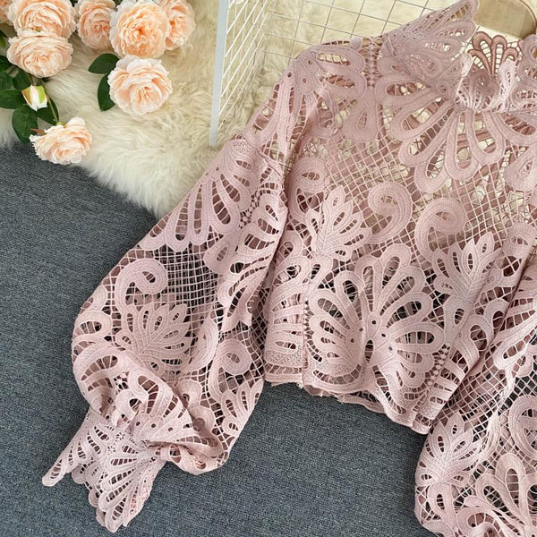 Sexy Women Lace Hollow Stand Collar Long Puff Sleeved Cropped Top Shirt