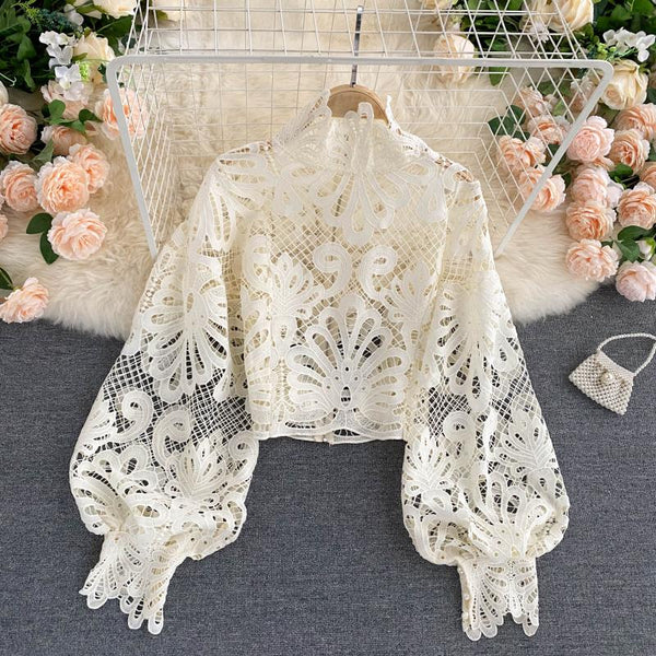 Sexy Women Lace Hollow Stand Collar Long Puff Sleeved Cropped Top Shirt