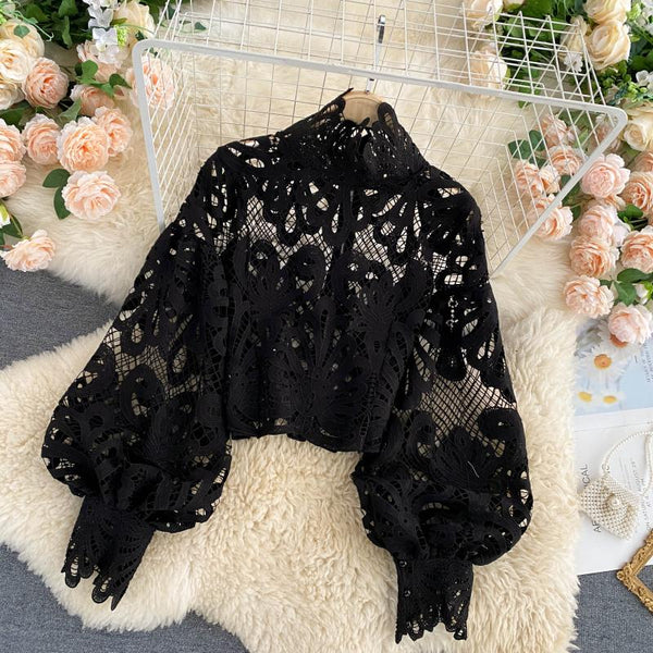Sexy Women Lace Hollow Stand Collar Long Puff Sleeved Cropped Top Shirt