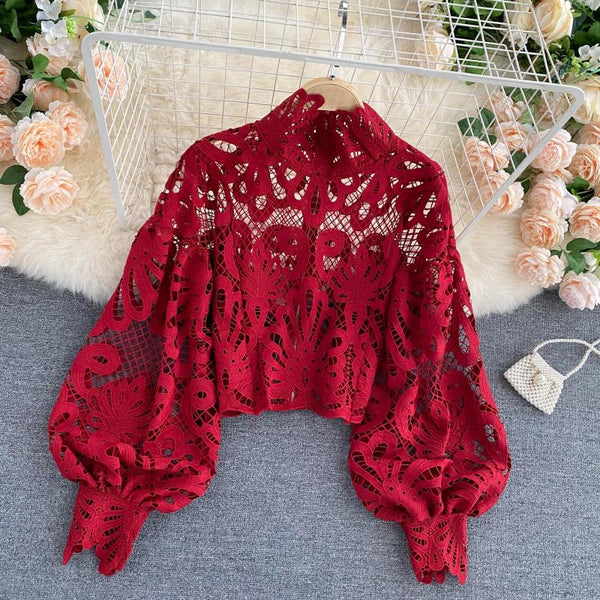 Sexy Women Lace Hollow Stand Collar Long Puff Sleeved Cropped Top Shirt