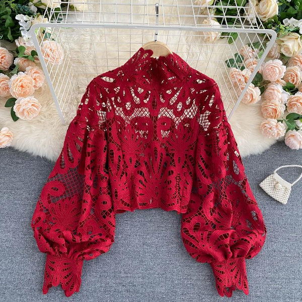 Sexy Women Lace Hollow Stand Collar Long Puff Sleeved Cropped Top Shirt