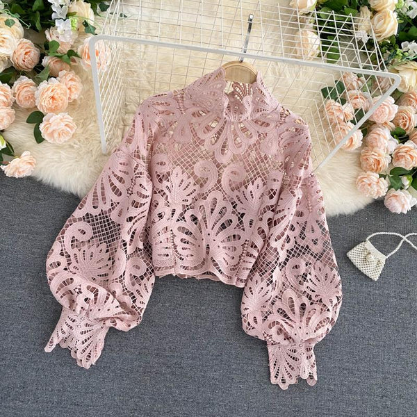 Sexy Women Lace Hollow Stand Collar Long Puff Sleeved Cropped Top Shirt