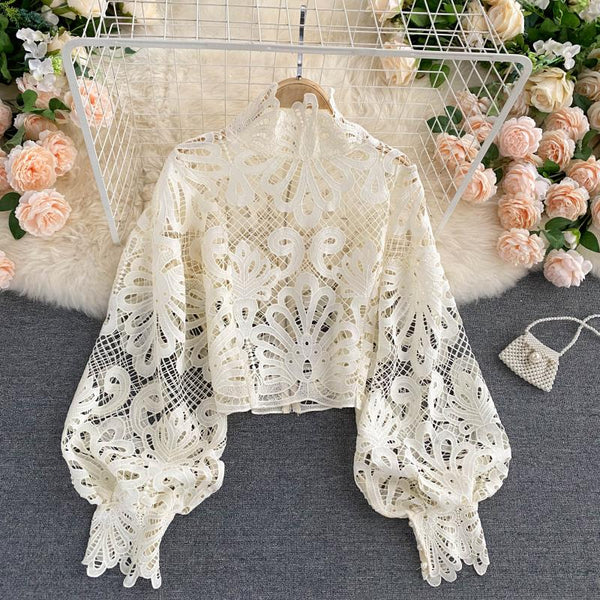 Sexy Women Lace Hollow Stand Collar Long Puff Sleeved Cropped Top Shirt
