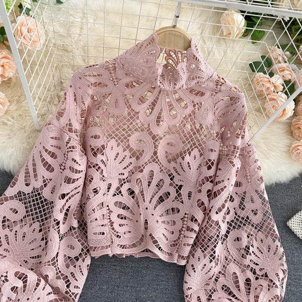Sexy Women Lace Hollow Stand Collar Long Puff Sleeved Cropped Top Shirt