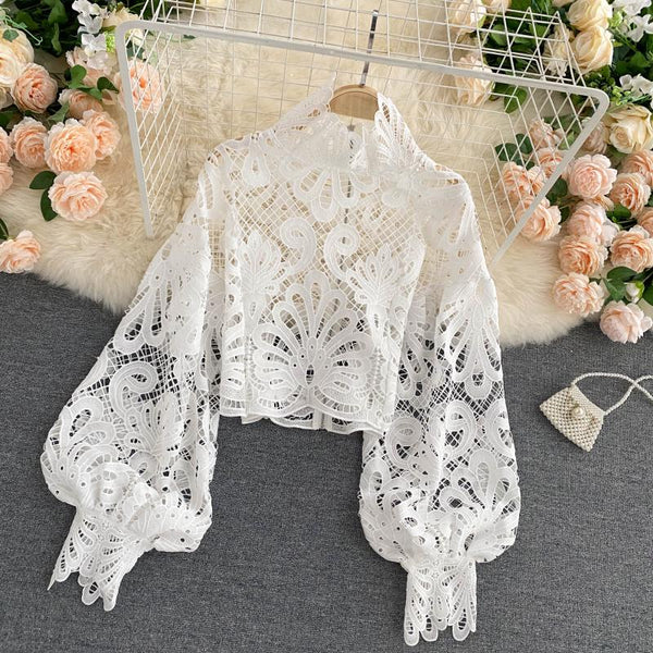 Sexy Women Lace Hollow Stand Collar Long Puff Sleeved Cropped Top Shirt