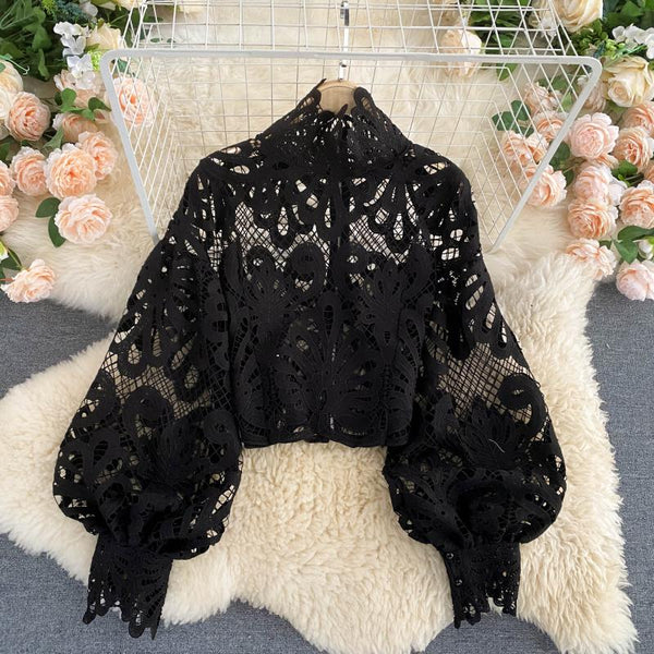 Sexy Women Lace Hollow Stand Collar Long Puff Sleeved Cropped Top Shirt