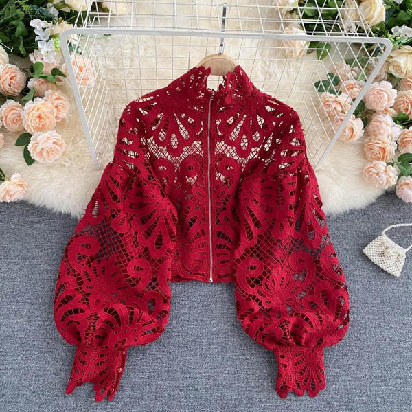 Sexy Women Lace Hollow Stand Collar Long Puff Sleeved Cropped Top Shirt