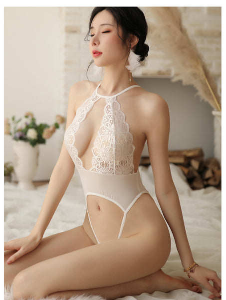 Role Play Ladies Sexy One Piece Lace Halter Deep V Neck Hollow Open Crotch Lingerie Night Pajamas