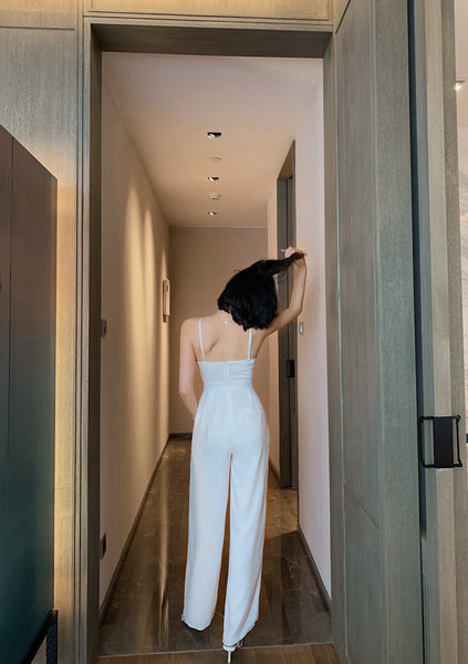 Summer Elegant Women V-Neck Halter Neck Hollow Chiffon Sleeveless White Wide Leg Pants Jumpsuit Suit