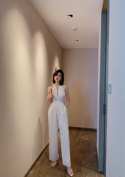 Summer Elegant Women V-Neck Halter Neck Hollow Chiffon Sleeveless White Wide Leg Pants Jumpsuit Suit