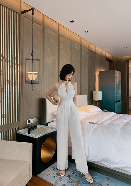Summer Elegant Women V-Neck Halter Neck Hollow Chiffon Sleeveless White Wide Leg Pants Jumpsuit Suit