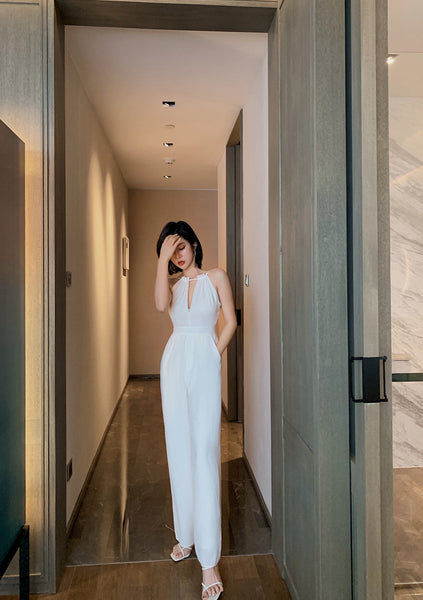 Summer Elegant Women V-Neck Halter Neck Hollow Chiffon Sleeveless White Wide Leg Pants Jumpsuit Suit