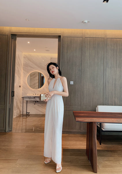 Summer Elegant Women V-Neck Halter Neck Hollow Chiffon Sleeveless White Wide Leg Pants Jumpsuit Suit