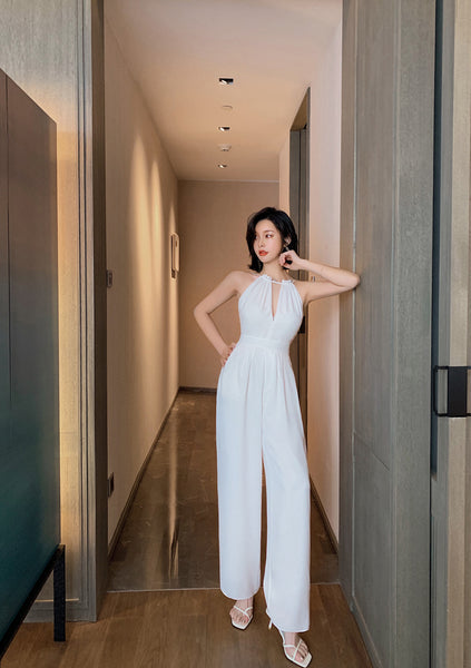Summer Elegant Women V-Neck Halter Neck Hollow Chiffon Sleeveless White Wide Leg Pants Jumpsuit Suit