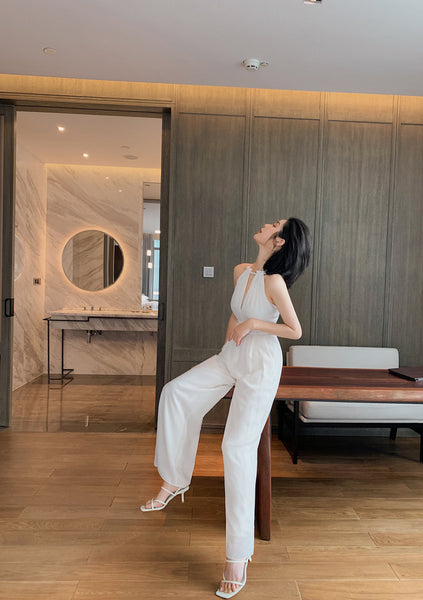 Summer Elegant Women V-Neck Halter Neck Hollow Chiffon Sleeveless White Wide Leg Pants Jumpsuit Suit