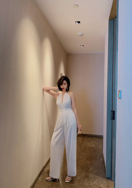 Summer Elegant Women V-Neck Halter Neck Hollow Chiffon Sleeveless White Wide Leg Pants Jumpsuit Suit