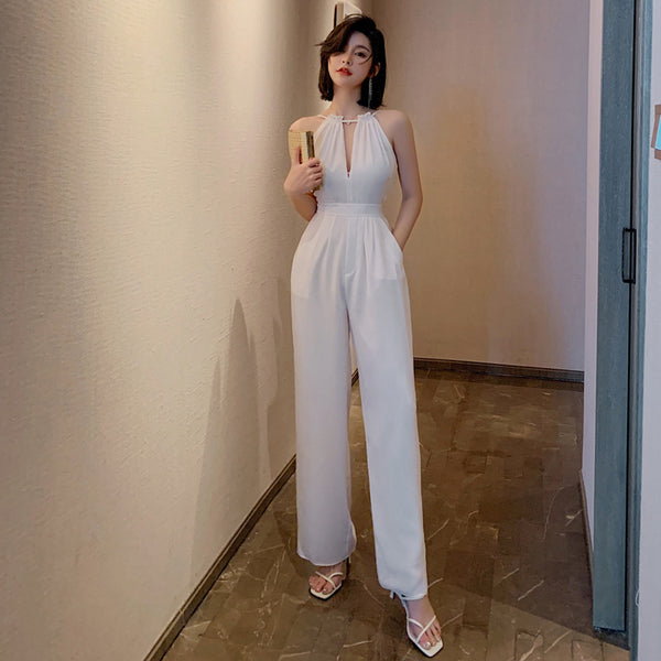 Summer Elegant Women V-Neck Halter Neck Hollow Chiffon Sleeveless White Wide Leg Pants Jumpsuit Suit