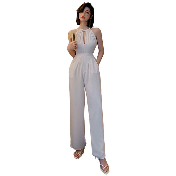 Summer Elegant Women V-Neck Halter Neck Hollow Chiffon Sleeveless White Wide Leg Pants Jumpsuit Suit