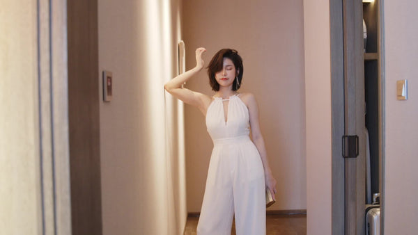 Summer Elegant Women V-Neck Halter Neck Hollow Chiffon Sleeveless White Wide Leg Pants Jumpsuit Suit