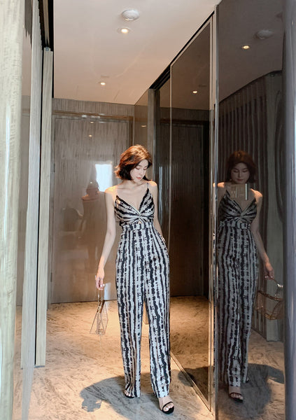 Summer Leopard Wild Women Spaghetti V-Neckline Strap Side Pocket Straight Wide Leg Pants Jumpsuit