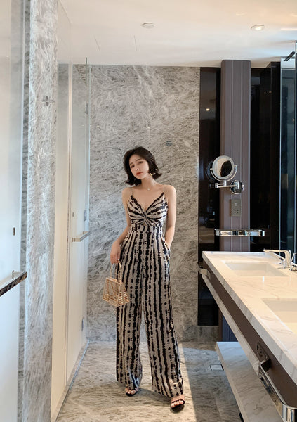 Summer Leopard Wild Women Spaghetti V-Neckline Strap Side Pocket Straight Wide Leg Pants Jumpsuit