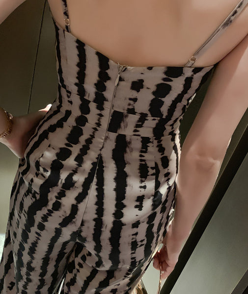 Summer Leopard Wild Women Spaghetti V-Neckline Strap Side Pocket Straight Wide Leg Pants Jumpsuit