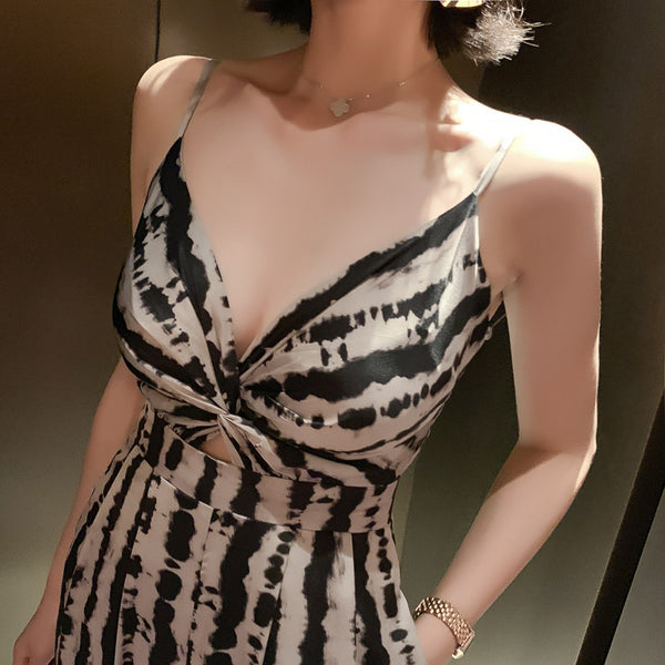 Summer Leopard Wild Women Spaghetti V-Neckline Strap Side Pocket Straight Wide Leg Pants Jumpsuit