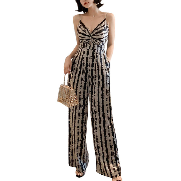 Summer Leopard Wild Women Spaghetti V-Neckline Strap Side Pocket Straight Wide Leg Pants Jumpsuit