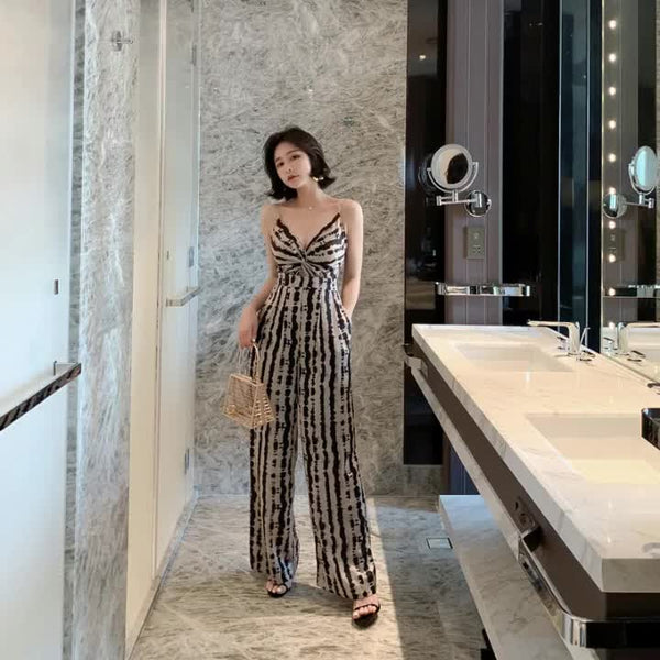Summer Leopard Wild Women Spaghetti V-Neckline Strap Side Pocket Straight Wide Leg Pants Jumpsuit