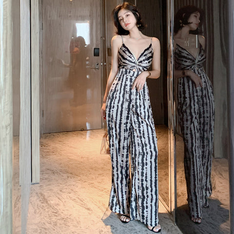 Summer Leopard Wild Women Spaghetti V-Neckline Strap Side Pocket Straight Wide Leg Pants Jumpsuit