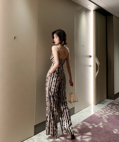 Summer Leopard Wild Women Spaghetti V-Neckline Strap Side Pocket Straight Wide Leg Pants Jumpsuit