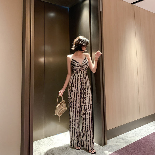 Summer Leopard Wild Women Spaghetti V-Neckline Strap Side Pocket Straight Wide Leg Pants Jumpsuit
