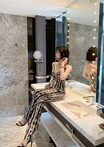 Summer Leopard Wild Women Spaghetti V-Neckline Strap Side Pocket Straight Wide Leg Pants Jumpsuit