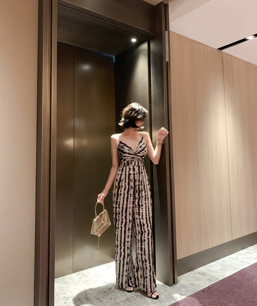 Summer Leopard Wild Women Spaghetti V-Neckline Strap Side Pocket Straight Wide Leg Pants Jumpsuit