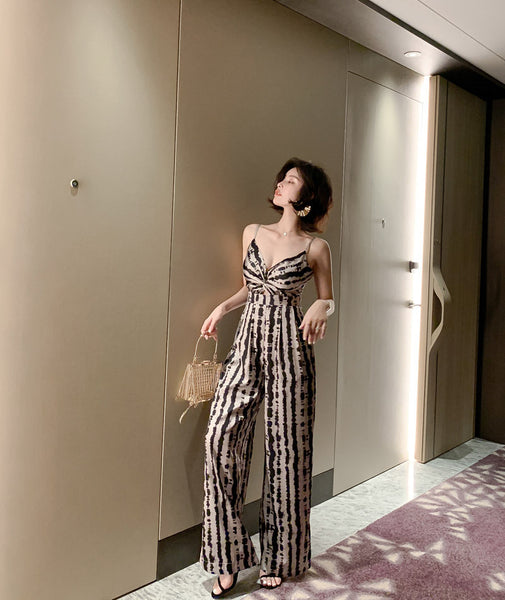 Summer Leopard Wild Women Spaghetti V-Neckline Strap Side Pocket Straight Wide Leg Pants Jumpsuit