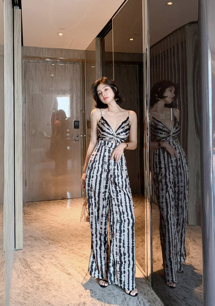 Summer Leopard Wild Women Spaghetti V-Neckline Strap Side Pocket Straight Wide Leg Pants Jumpsuit