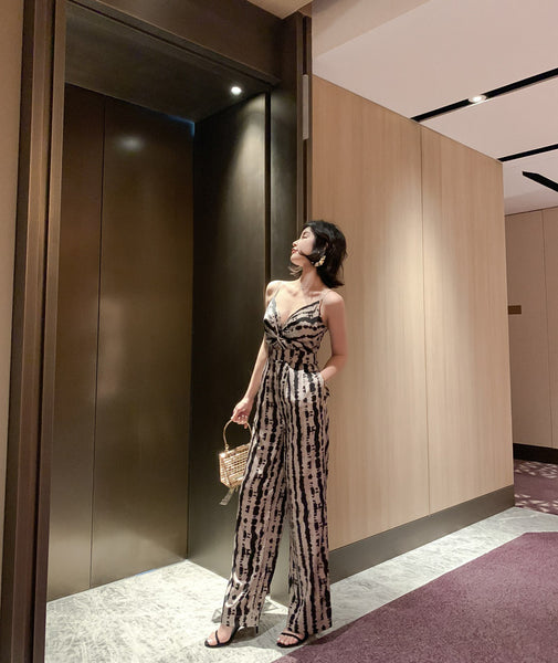 Summer Leopard Wild Women Spaghetti V-Neckline Strap Side Pocket Straight Wide Leg Pants Jumpsuit