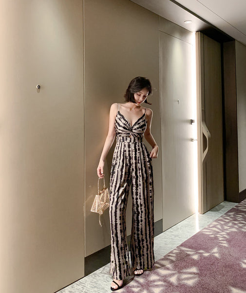 Summer Leopard Wild Women Spaghetti V-Neckline Strap Side Pocket Straight Wide Leg Pants Jumpsuit