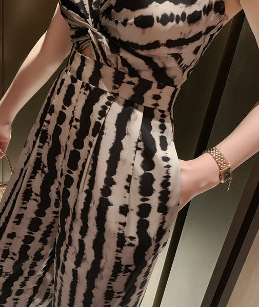 Summer Leopard Wild Women Spaghetti V-Neckline Strap Side Pocket Straight Wide Leg Pants Jumpsuit