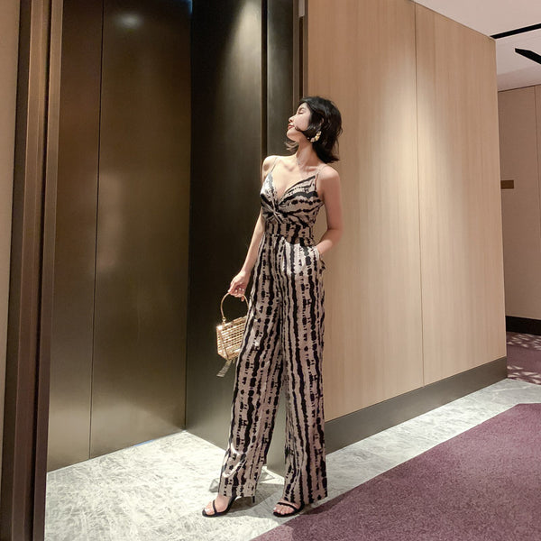 Summer Leopard Wild Women Spaghetti V-Neckline Strap Side Pocket Straight Wide Leg Pants Jumpsuit