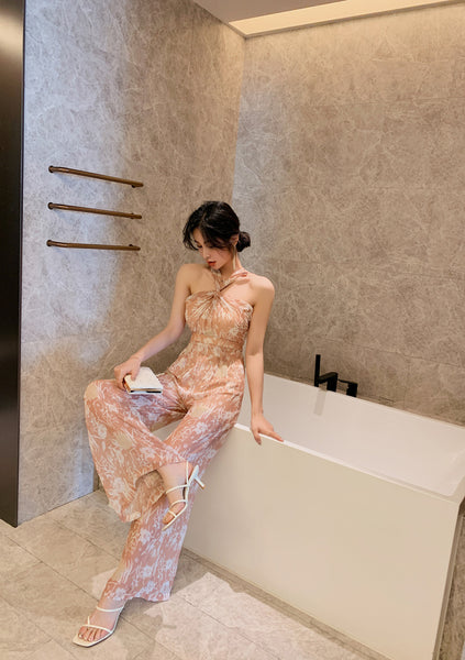 Summer Temperament Women Off Shoulder Halter Neck Pink Chiffon Jumpsuit Loose Wide Leg Trousers